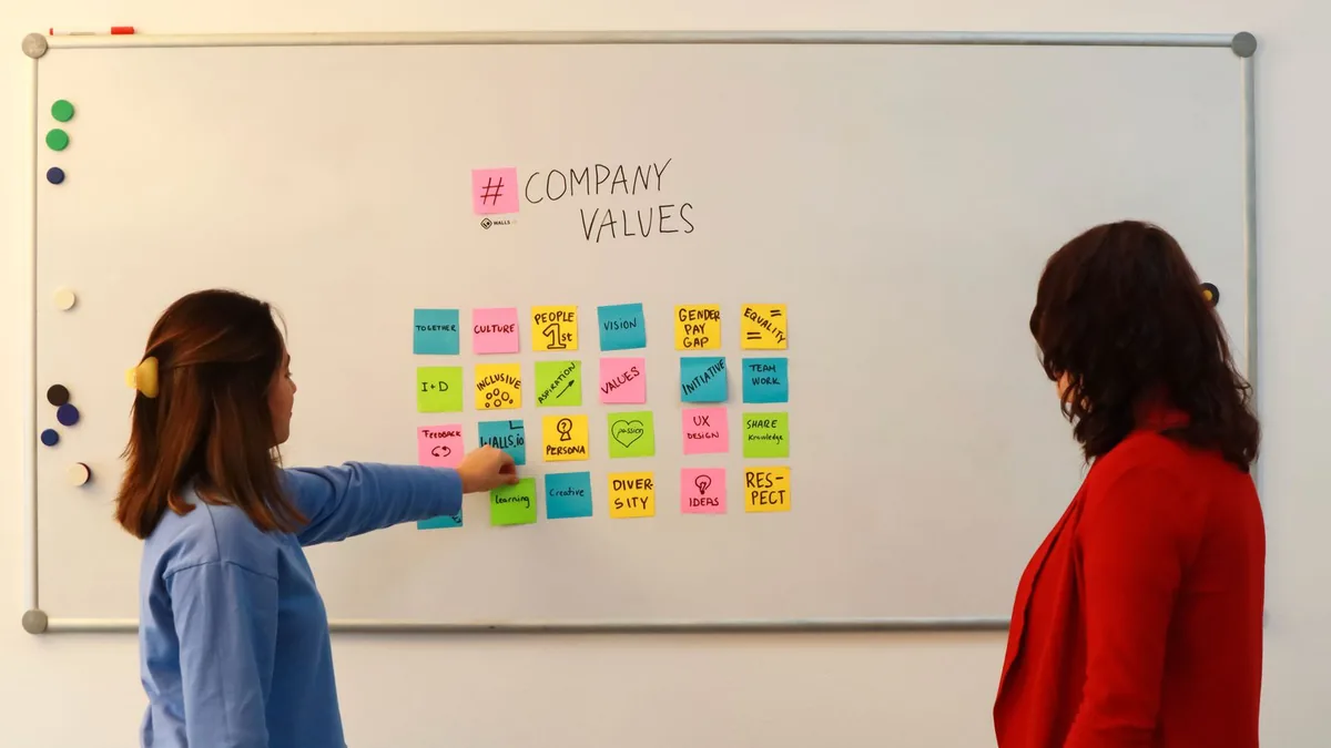 Two colleagues at a whiteboard covered in colored sticky notes under the heading Company Values