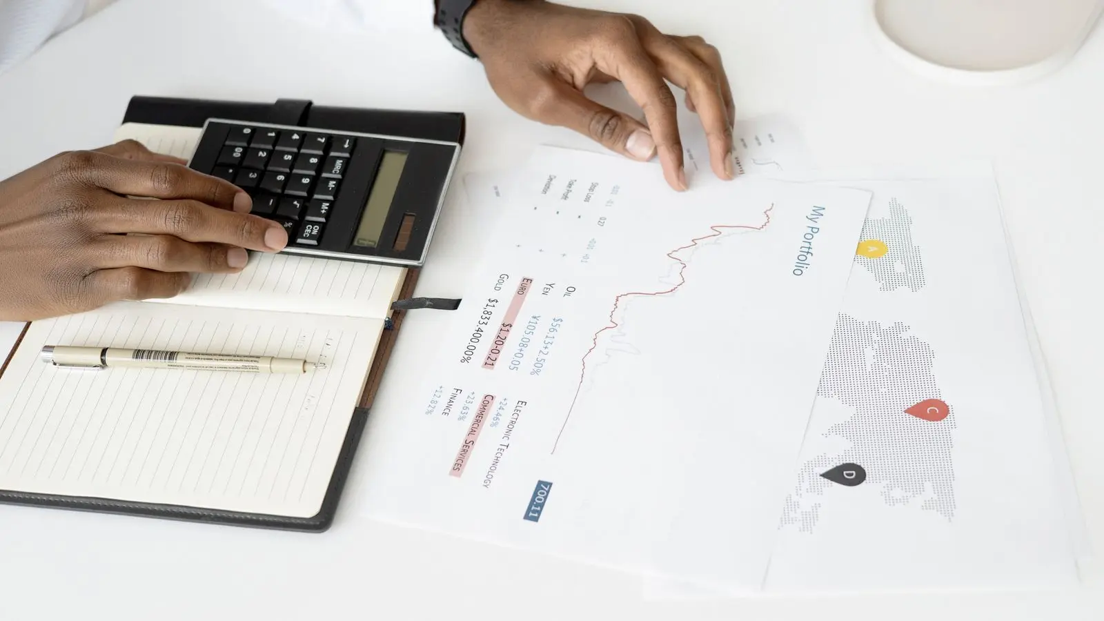 Hands using a calculator next to printed financial charts on a white desk