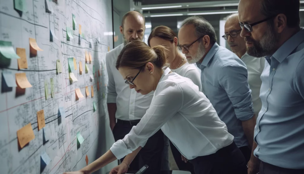Team reviewing a value stream map covered in sticky notes on a whiteboard